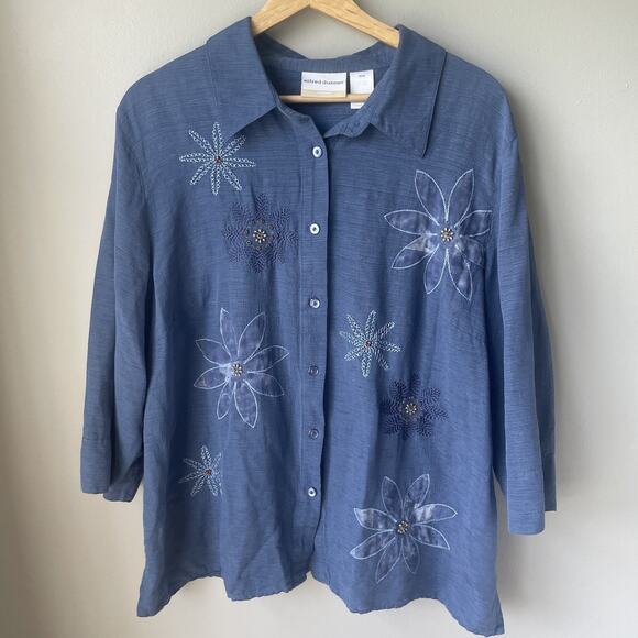 Alfred Dunner Women 100% Silk Shirt Plus‎ Size 20W Floral Office Beaded Blue - Picture 3 of 12